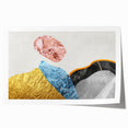 Abstract wall art print showcasing vibrant strokes and lines in shades of blue, orange, and gold, perfect for modern home decor and artistic interiors.