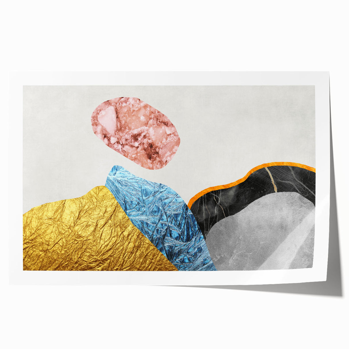 Abstract wall art print showcasing vibrant strokes and lines in shades of blue, orange, and gold, perfect for modern home decor and artistic interiors.