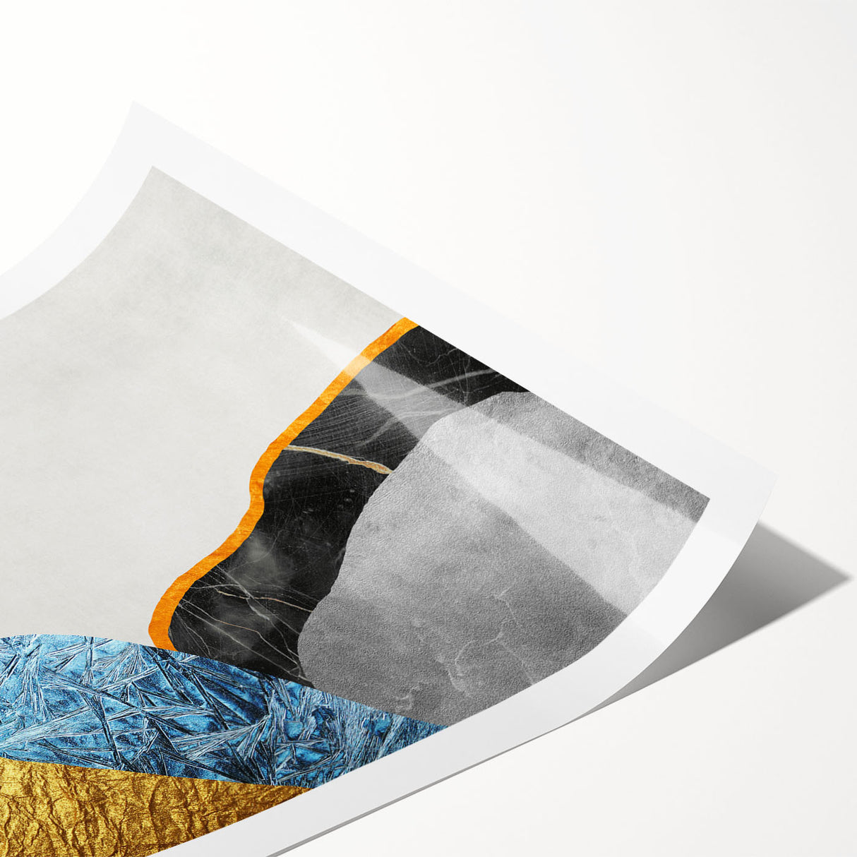 Abstract wall art print featuring vibrant strokes and lines in shades of blue, orange, and yellow, ideal for modern decor. This rolled design adds a dynamic touch to any room.