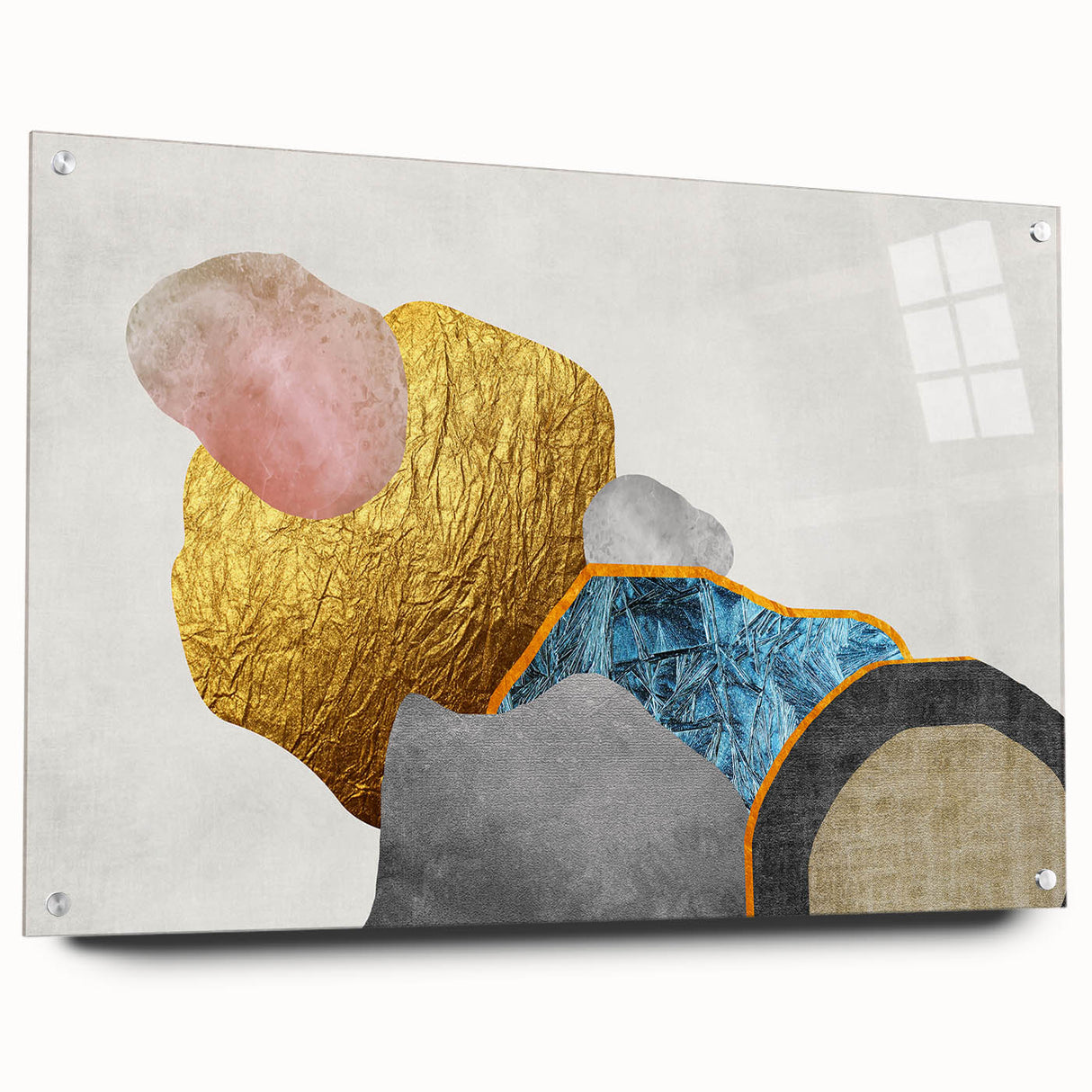 Abstract wall art design featuring vibrant strokes and lines in a modern acrylic glass frame, showcasing a colorful composition that enhances contemporary decor.