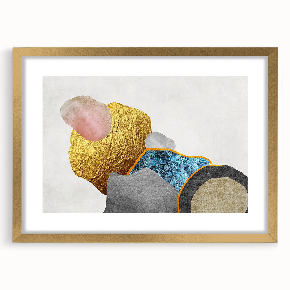 Abstract wall art featuring vibrant strokes and lines in a gold frame with a mat, ideal for modern decor. Perfect for enhancing living spaces with artistic flair.