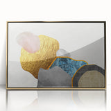 Framed acrylic wall art featuring an abstract design with gold strokes and lines. The artwork adds a modern touch to any decor, ideal for contemporary settings.