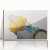 Framed acrylic wall art featuring an abstract design with vibrant strokes and lines in shades of blue, gold, and white, perfect for modern home decor.