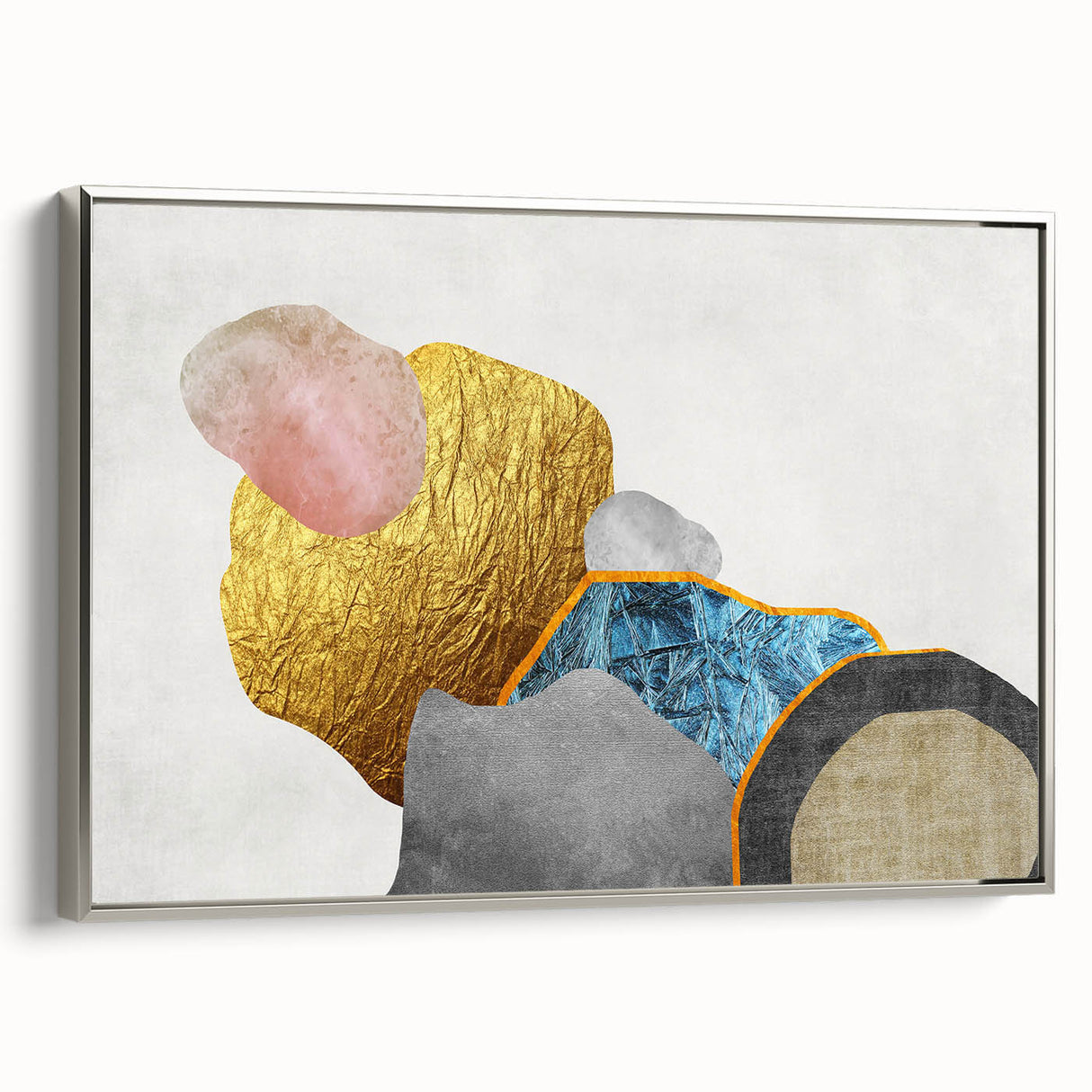 Framed canvas wall art showcasing an abstract design with bold strokes and lines in shades of silver and gray, perfect for modern home decor.