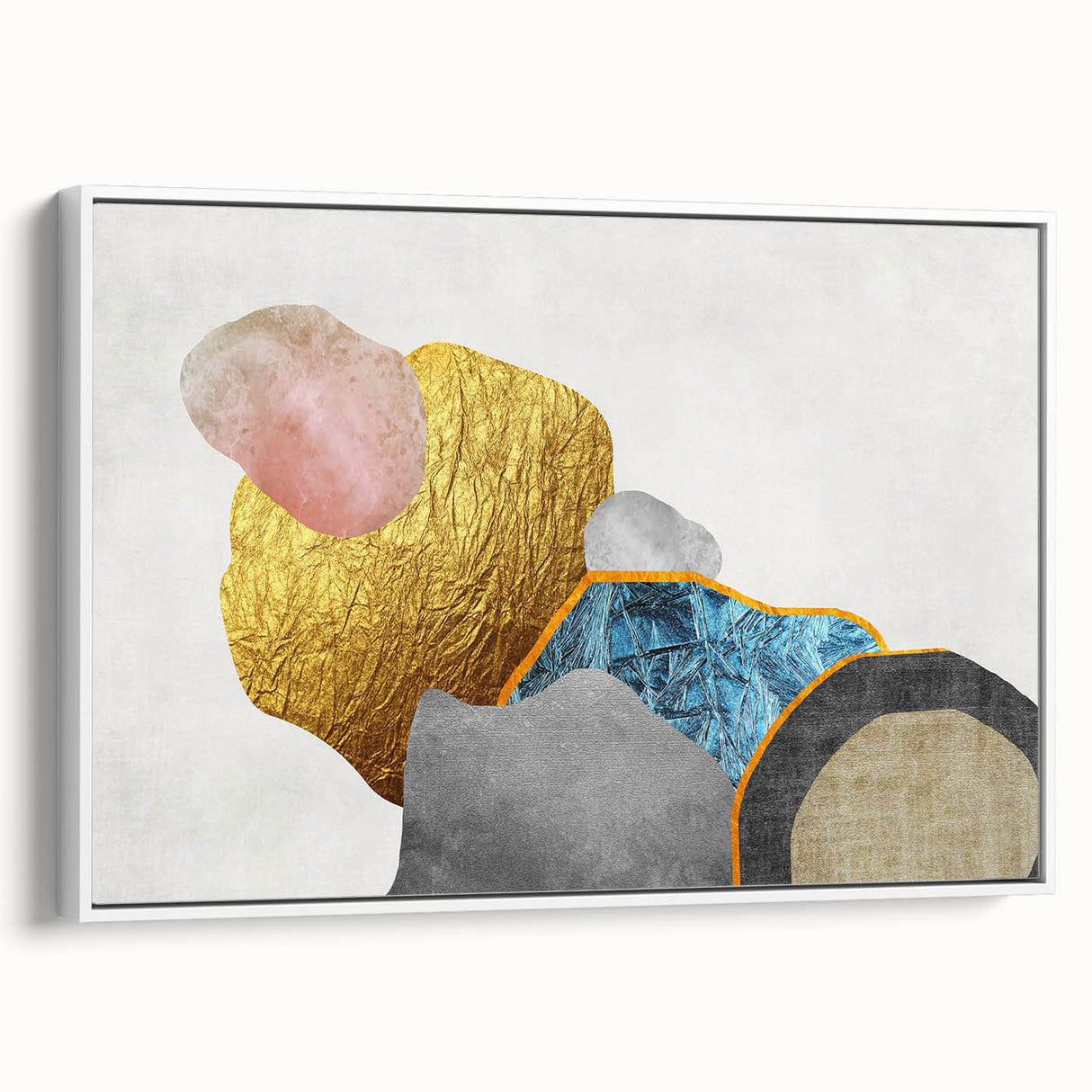 Framed canvas wall art showcasing an abstract design of colorful strokes and lines, featuring a white background and a sleek side view, perfect for modern decor.