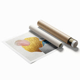 Abstract wall art print featuring vibrant strokes and lines in shades of blue, orange, and yellow, ideal for modern home decor, rolled for convenient shipping.