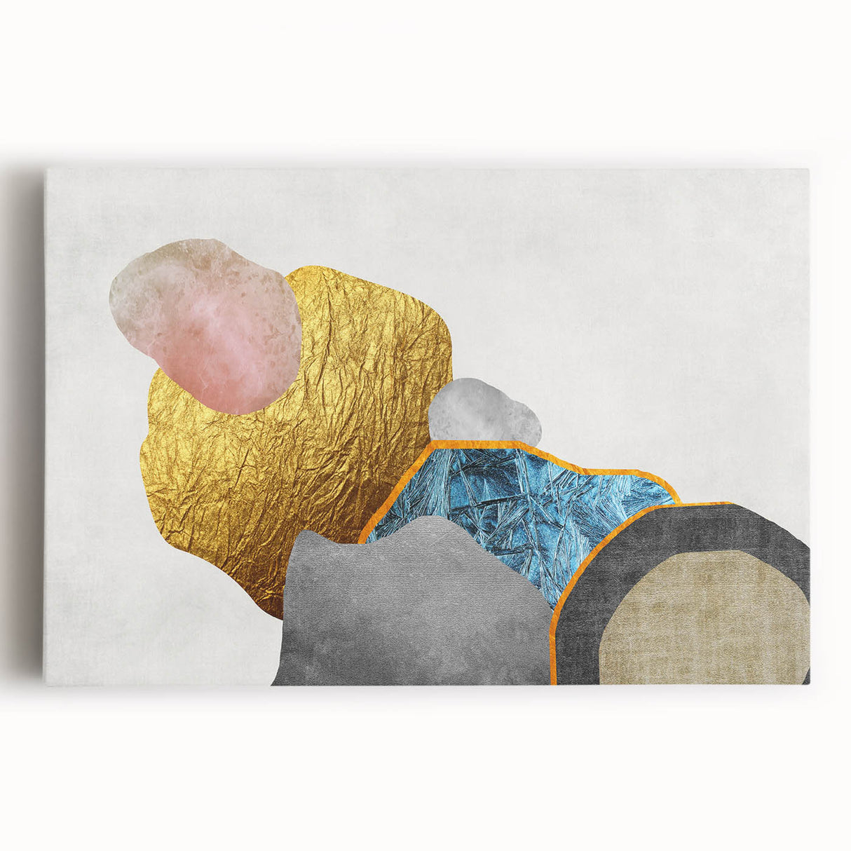 Stretched canvas art featuring an abstract design of vibrant strokes and lines in a modern color palette, perfect for contemporary home decor.
