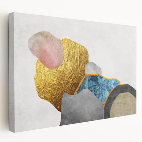 Stretched canvas artwork showcasing an abstract design with colorful strokes and lines, ideal for modern home decor. Side view highlights the sleek edges and vibrant hues, adding a contemporary touch to any room. Perfect for art lovers seeking unique wall decor.