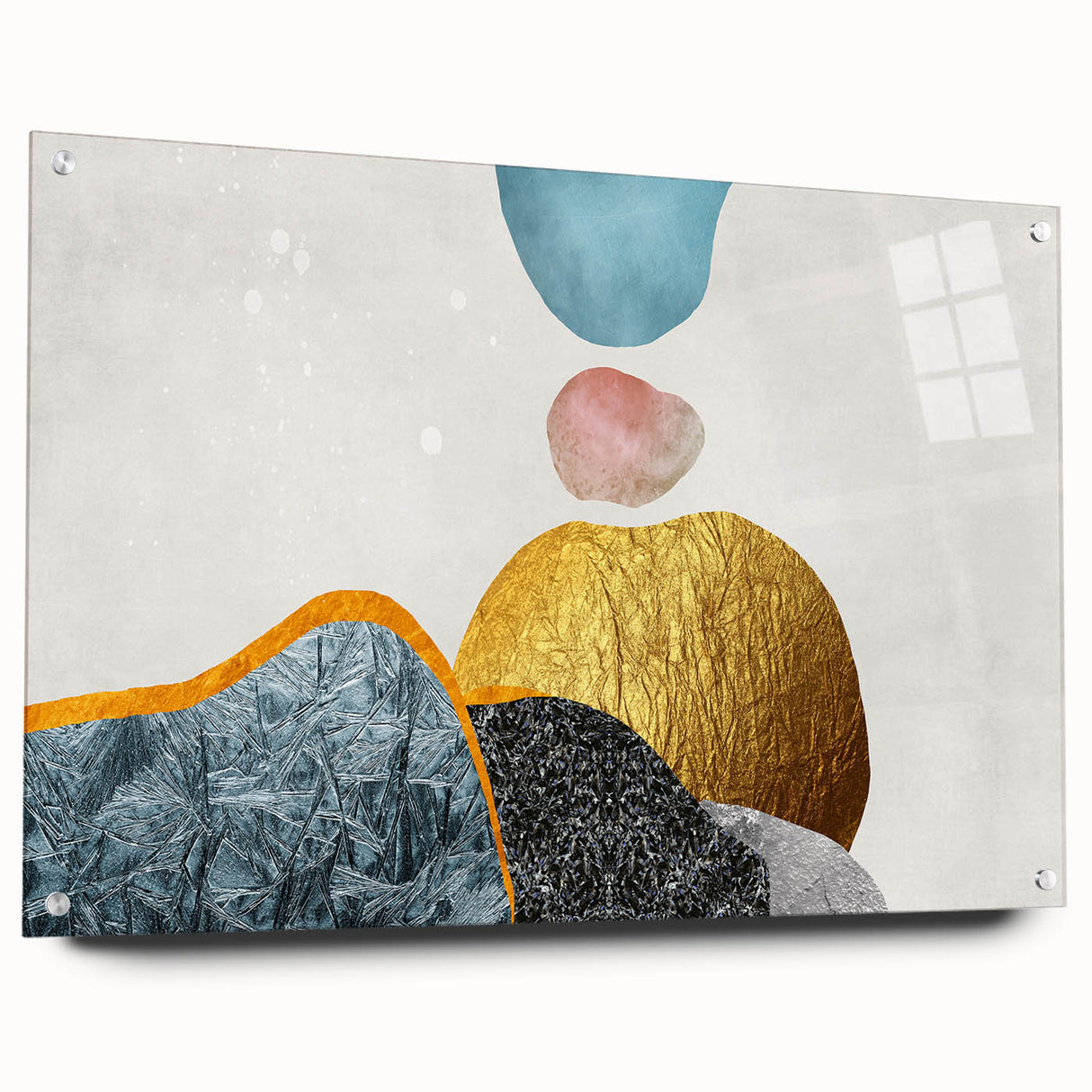 Acrylic glass wall art featuring a vibrant abstract strokes and lines design in multiple colors, elegantly displayed with pins on a white background, perfect for modern decor.