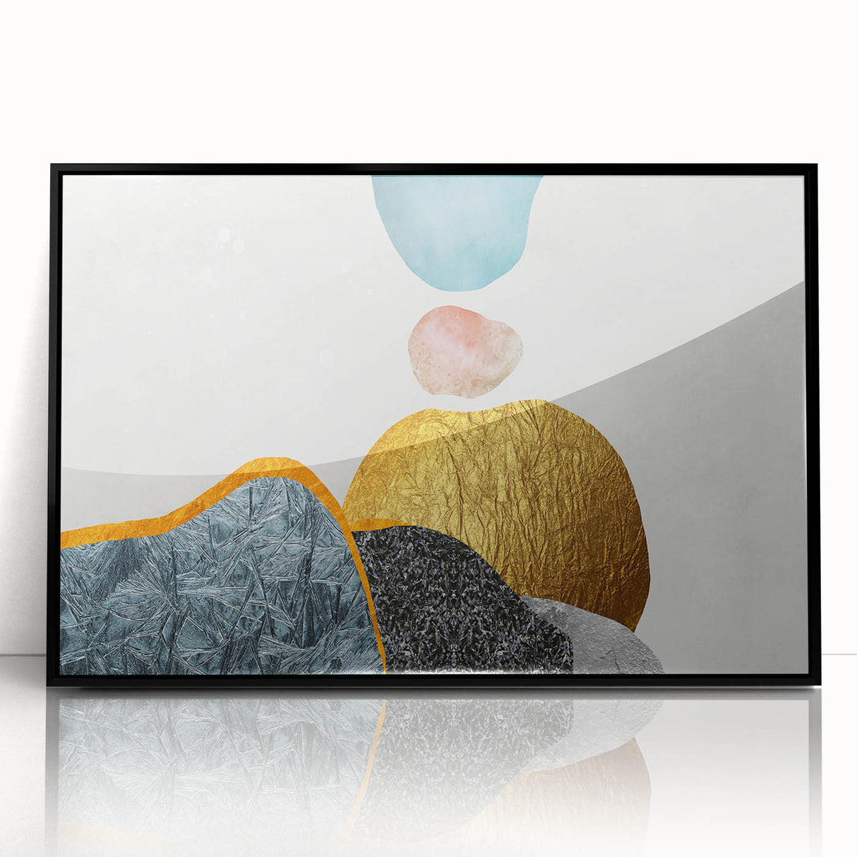 Abstract strokes and lines create a vibrant, modern wall art piece framed in black acrylic, perfect for contemporary decor. Ideal for adding color and style to any room.