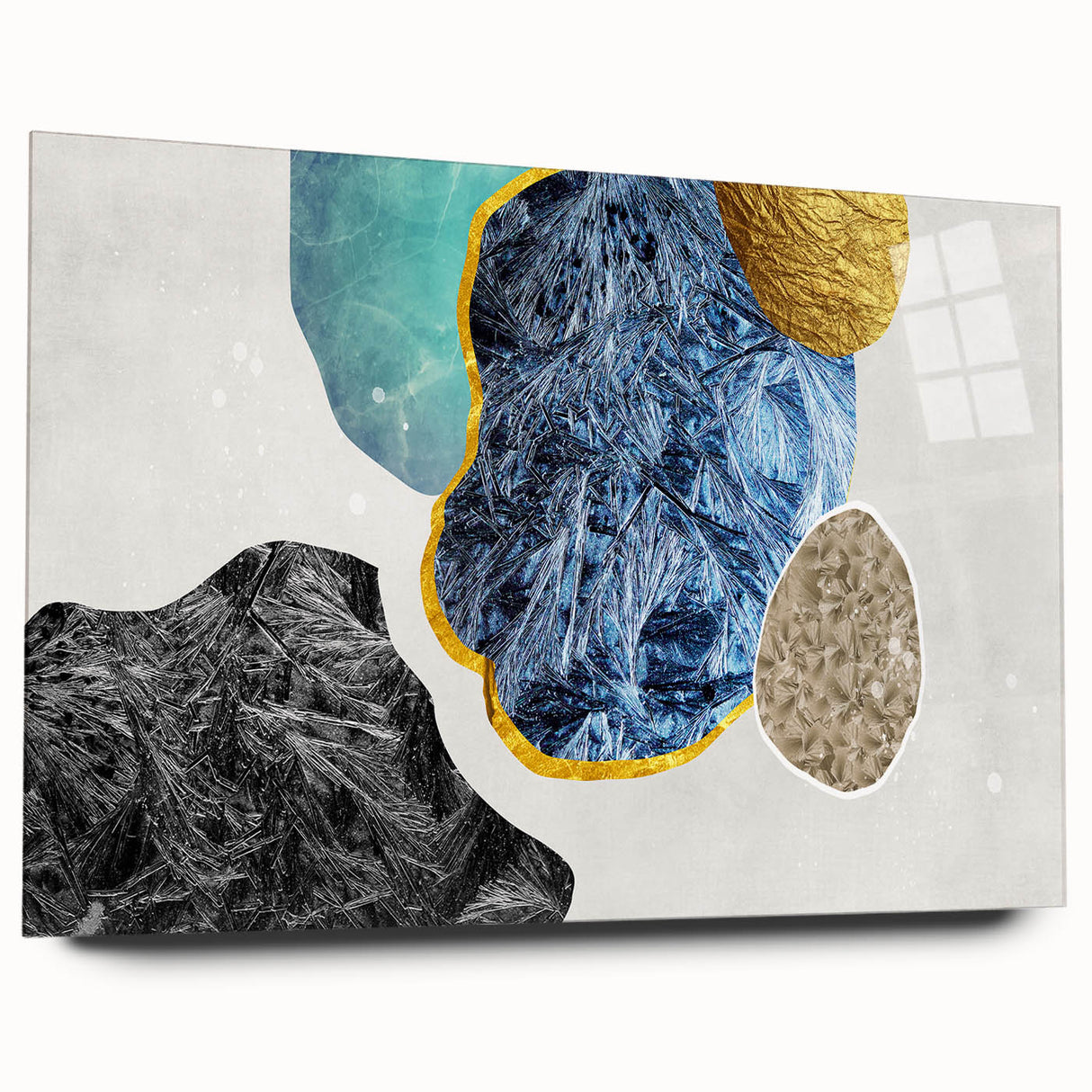 Abstract wall art design featuring colorful strokes and lines, elegantly displayed in a sleek acrylic glass frame, showcasing a modern aesthetic perfect for contemporary interiors.
