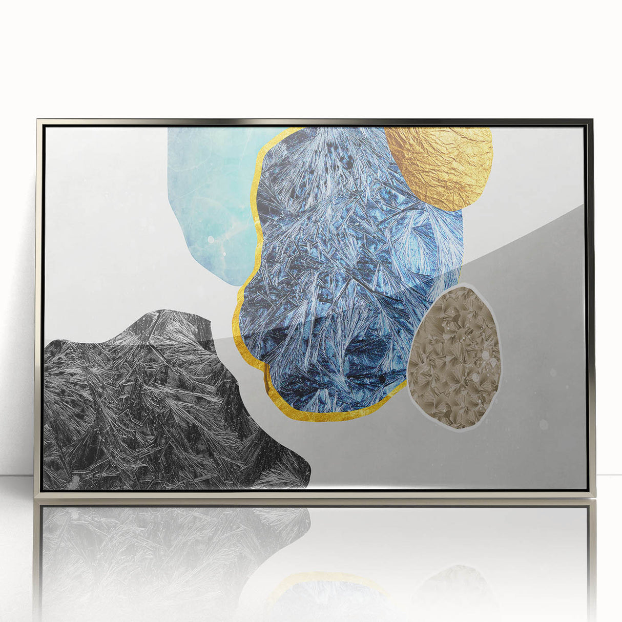 Framed abstract wall art featuring dynamic strokes and lines in silver and white hues, perfect for modern decor. Ideal for enhancing contemporary living spaces.