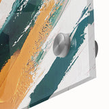 Abstract wall art design showcasing vibrant strokes and lines in a dynamic color palette, featuring a close-up view of acrylic glass with a reflective finish, perfect for modern home decor.