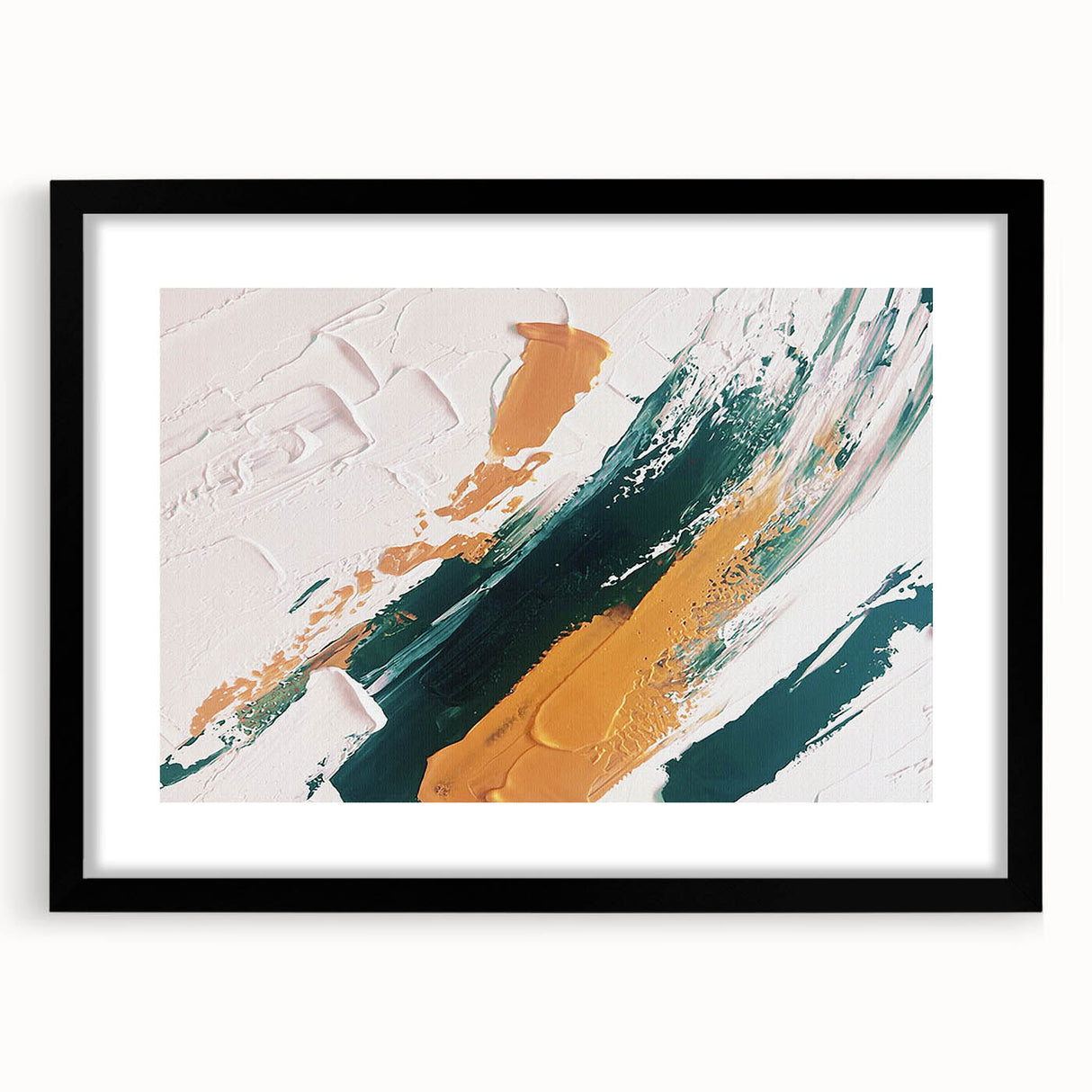 Abstract wall art featuring dynamic strokes and lines in a modern design, framed with a sleek black mat, ideal for contemporary home decor. Perfect for adding a sophisticated touch to living spaces.