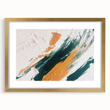 Abstract wall art featuring a modern design of colorful strokes and lines, elegantly framed in gold with a mat, ideal for contemporary home decor.