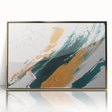 Framed abstract wall art featuring dynamic strokes and lines in gold and black, perfect for modern decor. This eye-catching piece adds elegance and sophistication to any room.