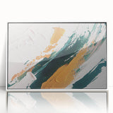 Framed wall art featuring an abstract design with colorful strokes and lines on a white background, showcasing modern aesthetic appeal for home decor.