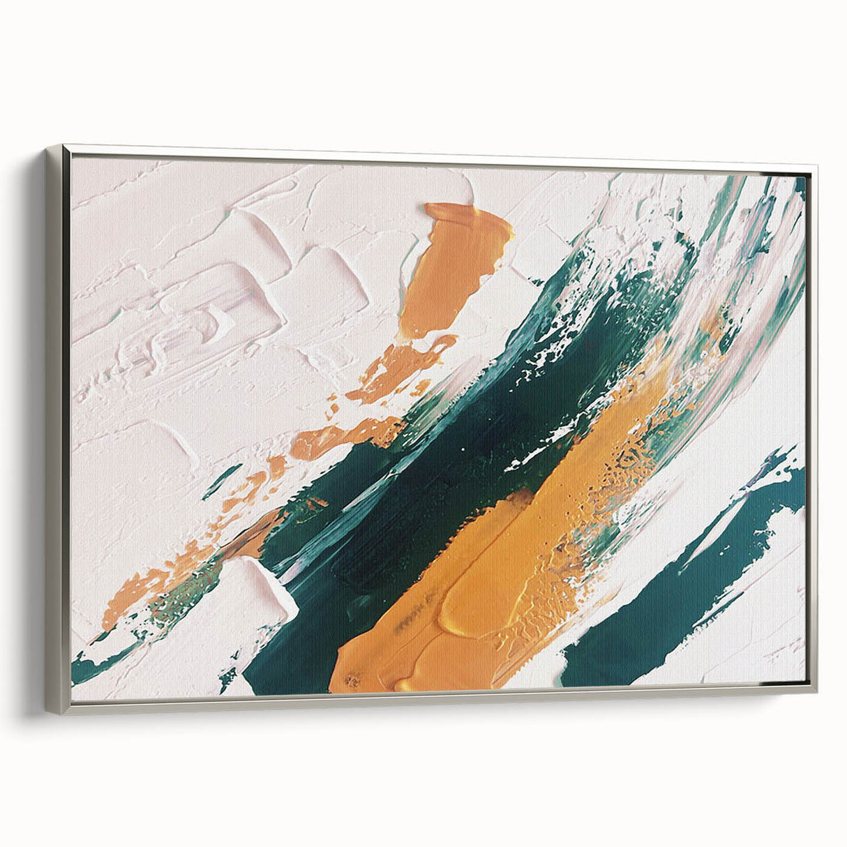 Framed canvas wall art showcasing an abstract design of colorful strokes and lines, presented in a sleek silver frame, perfect for modern decor and artistic spaces.