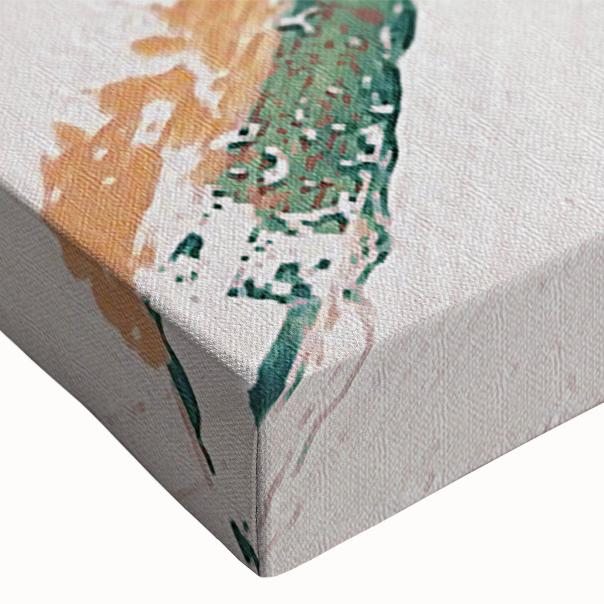 Close-up of a stretched canvas featuring an abstract design with vibrant strokes and lines in shades of blue, yellow, and gray, ideal for modern home decor.