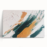 Abstract wall art featuring a vibrant composition of colorful strokes and lines on stretched canvas, leaning against a neutral wall, ideal for modern decor.