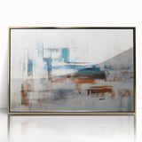 Framed wall art featuring an abstract design with gold accents and bold strokes on a white background, ideal for modern home decor. Perfect for adding elegance and style to any room.