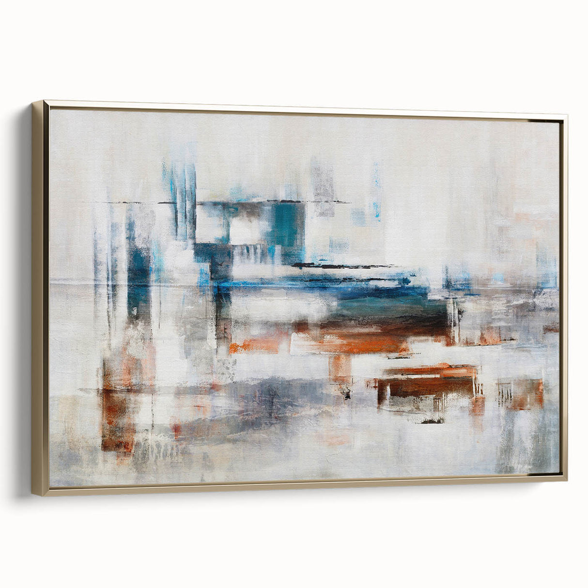 Framed canvas wall art featuring an abstract design of gold strokes and lines, showcasing a modern aesthetic suitable for contemporary decor. The artwork is displayed from a side view, highlighting its elegant framing and vibrant colors.