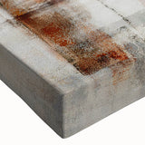 Close-up of a vibrant abstract wall art canvas featuring dynamic strokes and lines in shades of blue, orange, and yellow, perfect for modern home decor.