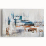 Abstract wall art featuring vibrant strokes and lines in shades of blue, orange, and white on a stretched canvas, ideal for modern home decor.