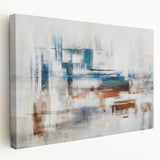 Stretched canvas wall art displaying an abstract design of colorful strokes and lines, showcasing vibrant hues of blue, orange, and yellow, ideal for modern decor.