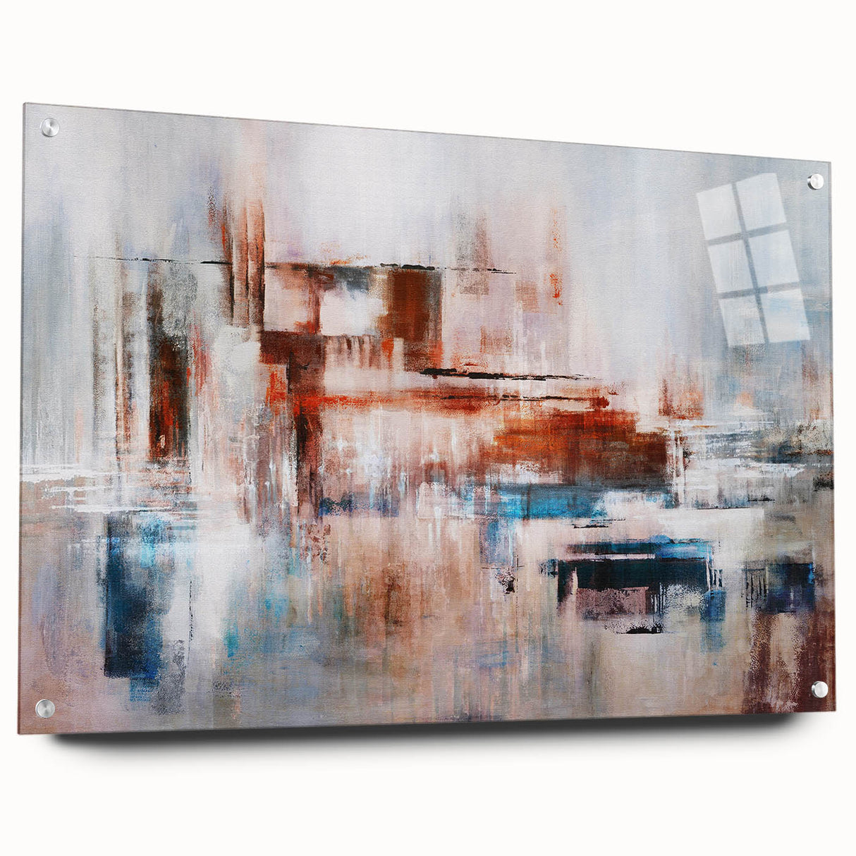 Abstract wall art design featuring vibrant strokes and lines in various colors, displayed in an acrylic glass frame with pins, perfect for modern decor.