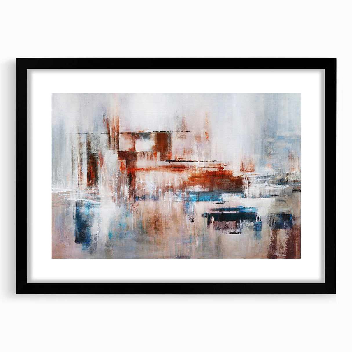 Abstract wall art featuring colorful strokes and lines in a modern design, framed with a sleek black mat, showcasing a stylish front view ideal for contemporary decor.
