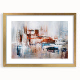 Abstract strokes and lines design in a gold frame, showcasing modern wall art with a mat; perfect for enhancing contemporary home decor aesthetics.