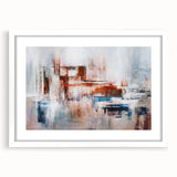 Abstract wall art featuring colorful strokes and lines in a contemporary design, framed with a white mat and a sleek black frame, ideal for modern home decor.