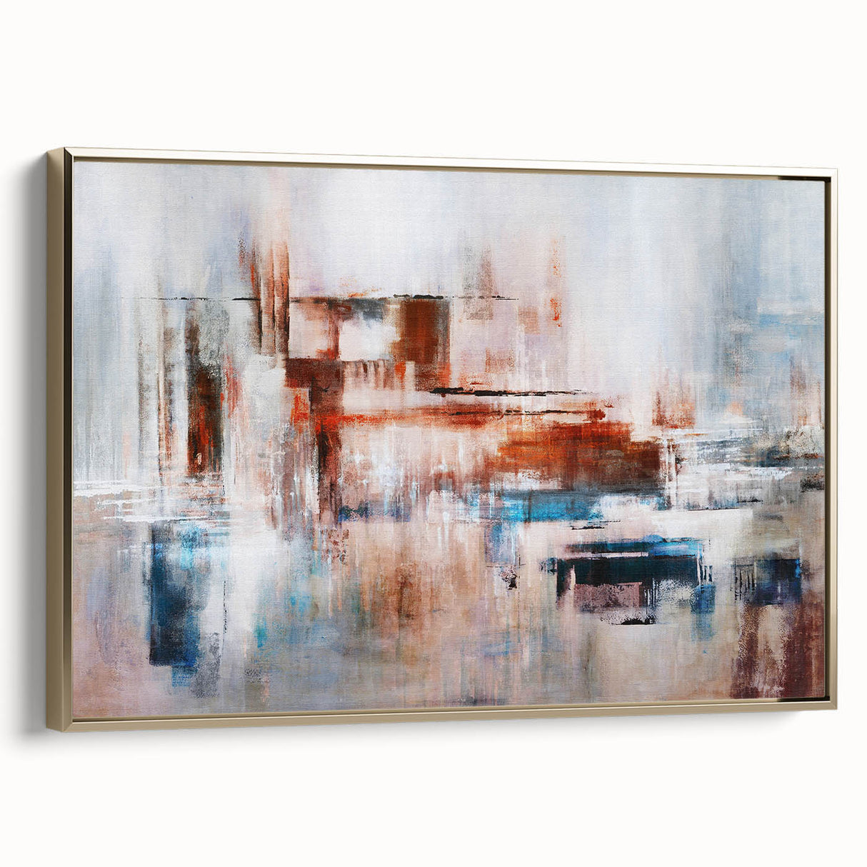 Framed canvas wall art showcasing an abstract design with dynamic strokes and lines in gold and neutral tones, perfect for modern home decor.
