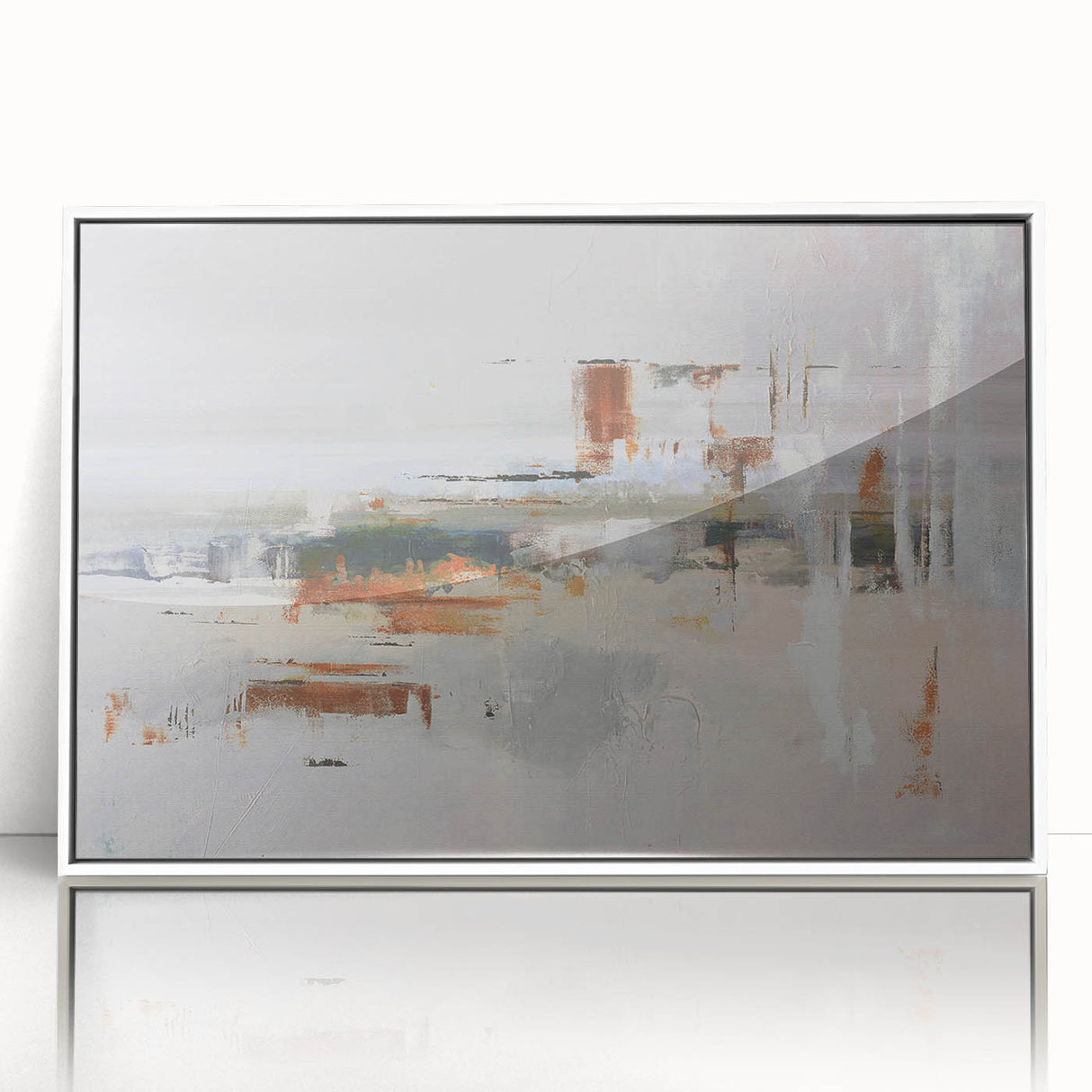 Framed acrylic wall art featuring an abstract design of colorful strokes and lines, set against a white background, perfect for modern decor.