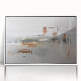 Framed acrylic wall art featuring an abstract design of colorful strokes and lines, set against a white background, perfect for modern decor.