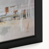 Close-up of a framed canvas artwork showcasing abstract strokes and lines in vibrant colors, perfect for modern home decor, enhancing artistic ambiance.