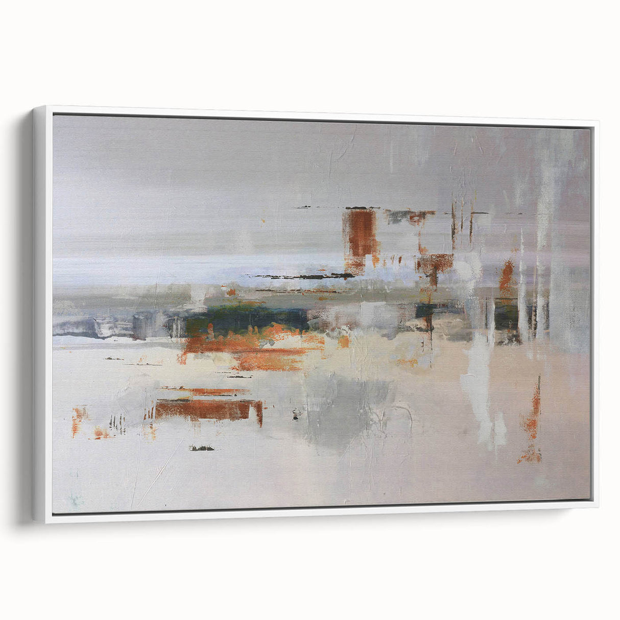 Framed canvas wall art showcasing an abstract design with vibrant strokes and lines in hues of blue and gold, set against a clean white background, perfect for modern decor.