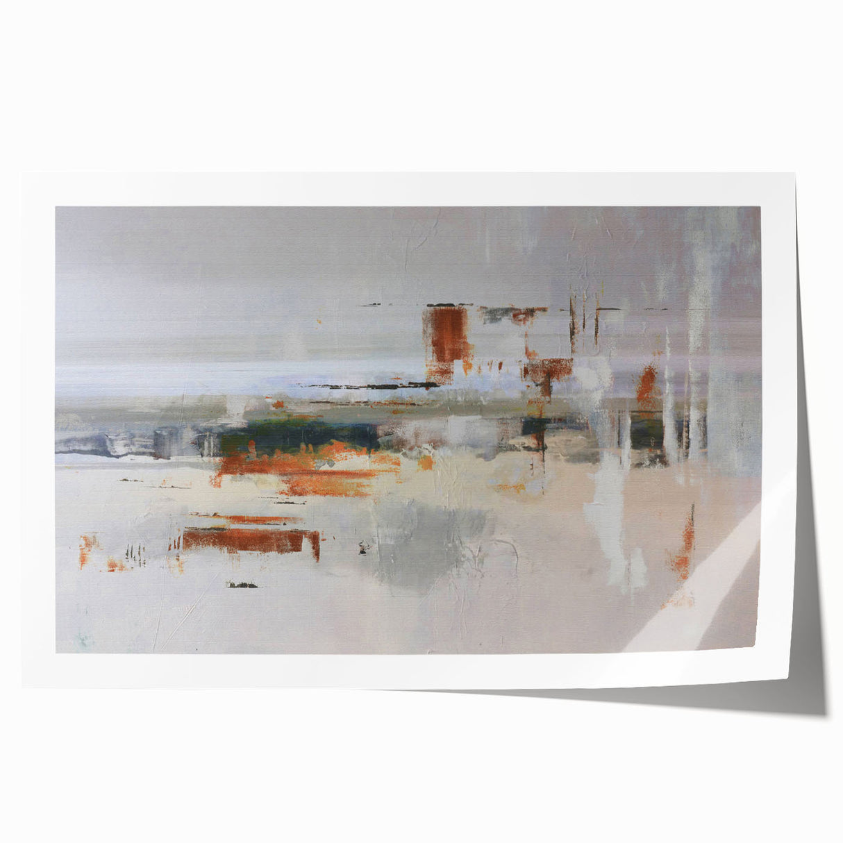 Abstract wall art print showcasing vibrant strokes and lines in a dynamic color palette of blues, oranges, and greens, perfect for modern decor accents.