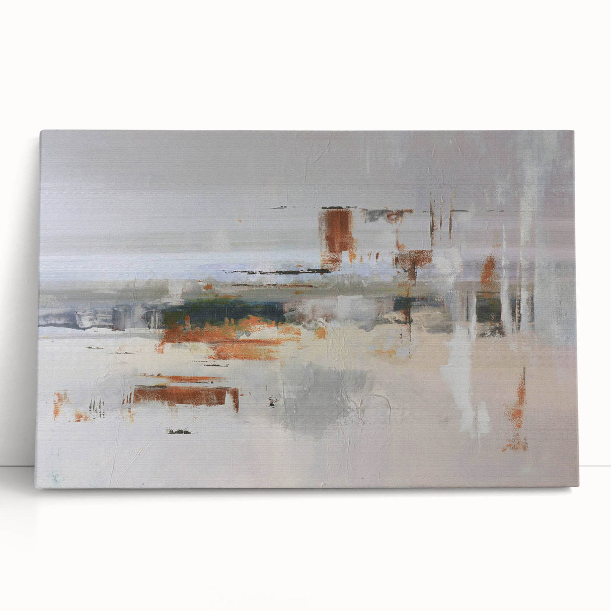 Abstract wall art featuring vibrant strokes and lines in shades of blue, orange, and yellow, printed on stretched canvas, ideal for modern home decor.
