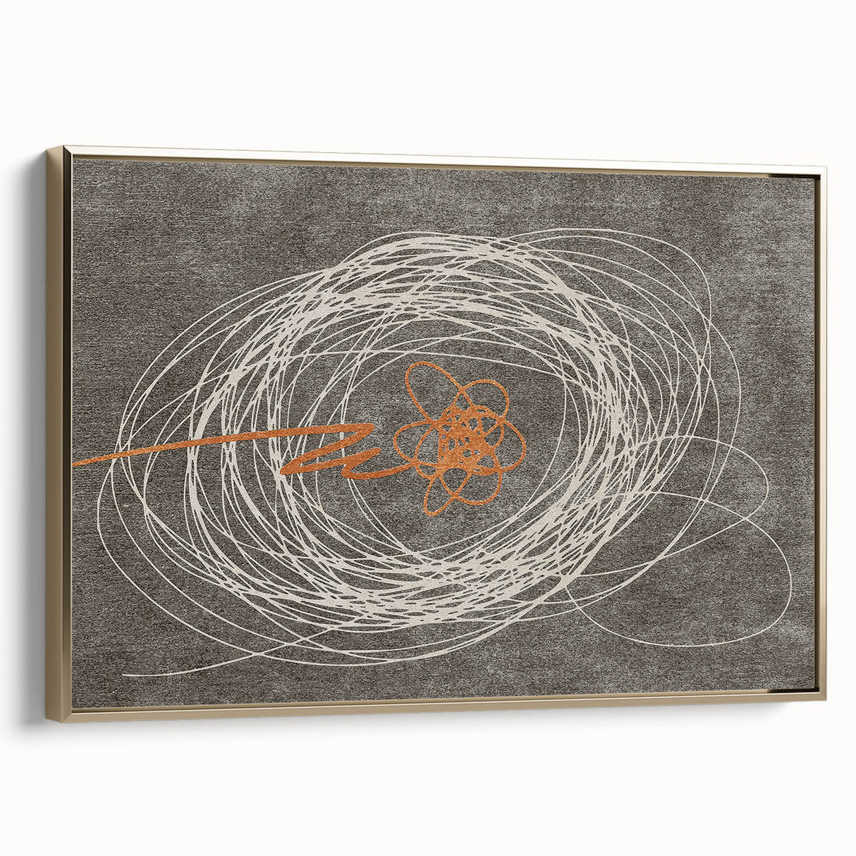 Framed canvas wall art showcasing an abstract design of gold strokes and lines, adding a modern touch to home decor, viewed from the side to highlight its elegant frame. This artwork enhances any space with its luxurious aesthetic and contemporary flair.