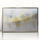 Framed wall art featuring an abstract design with gold strokes and lines on an acrylic surface, ideal for modern decor and enhancing interior aesthetics.