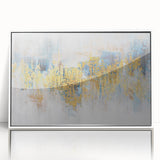 Framed acrylic wall art featuring an abstract design of colorful strokes and lines, set against a white background, perfect for modern home decor.