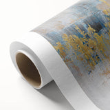 Abstract wall art design featuring vibrant strokes and lines in blue, orange, and gold colors, showcasing modern artistic style on rolled canvas for home decor.