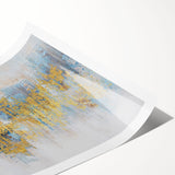 Abstract wall art print featuring vibrant strokes and lines in shades of blue, orange, and yellow, ideal for modern home decor. Perfect for adding a pop of color to any room.