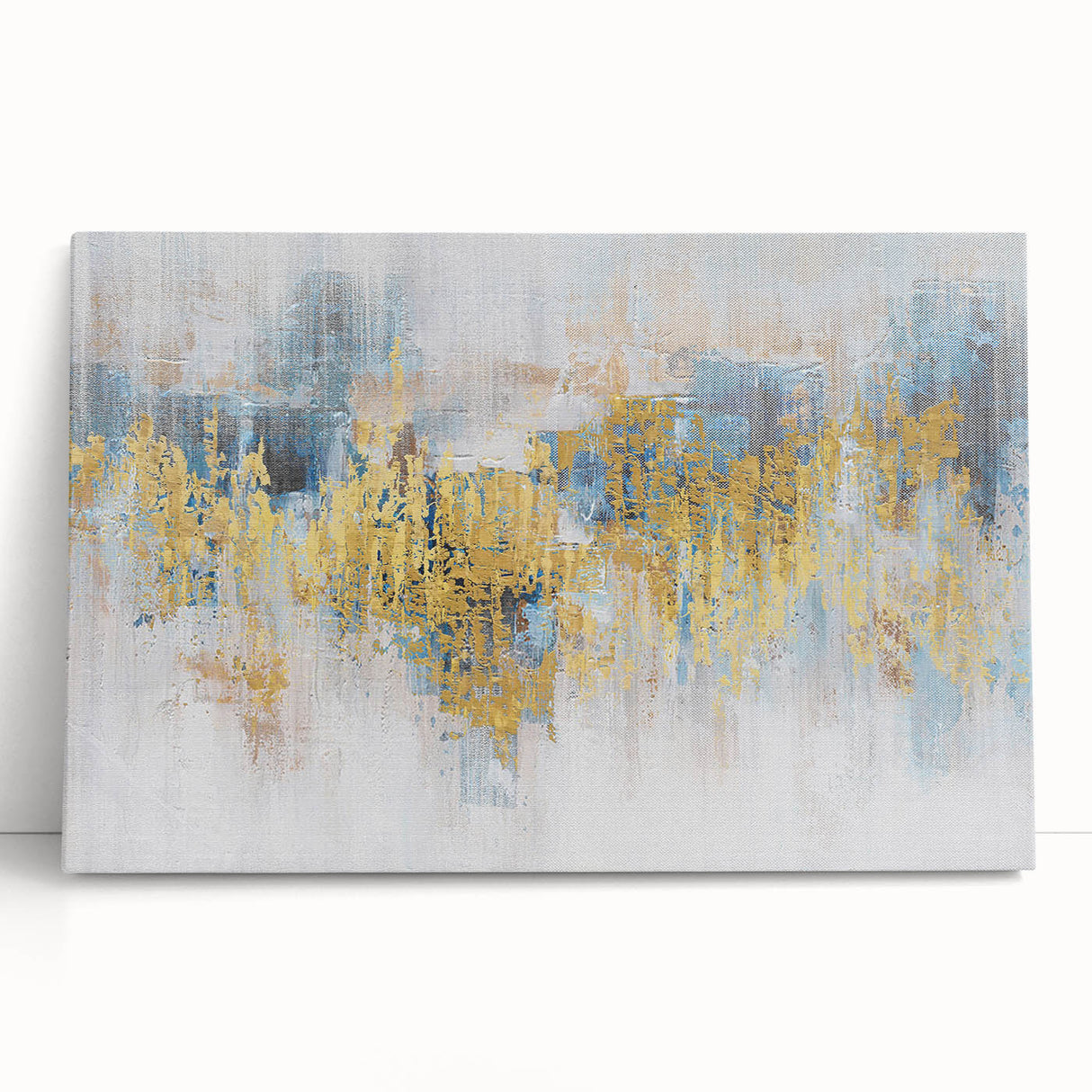 Abstract strokes and lines design on stretched canvas wall art, showcasing vibrant colors of blue, orange, and yellow, perfect for modern home decor.