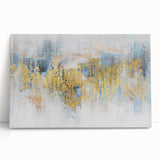 Abstract strokes and lines design on stretched canvas wall art, showcasing vibrant colors of blue, orange, and yellow, perfect for modern home decor.