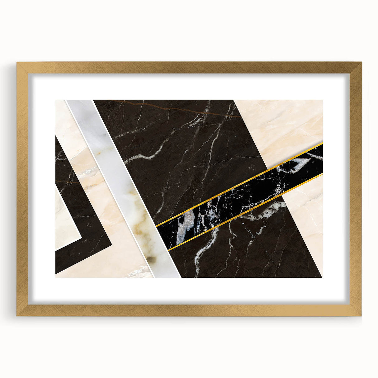 Abstract wall art featuring gold strokes and lines, elegantly framed with a mat. The design adds a modern touch to any decor, enhancing visual appeal.