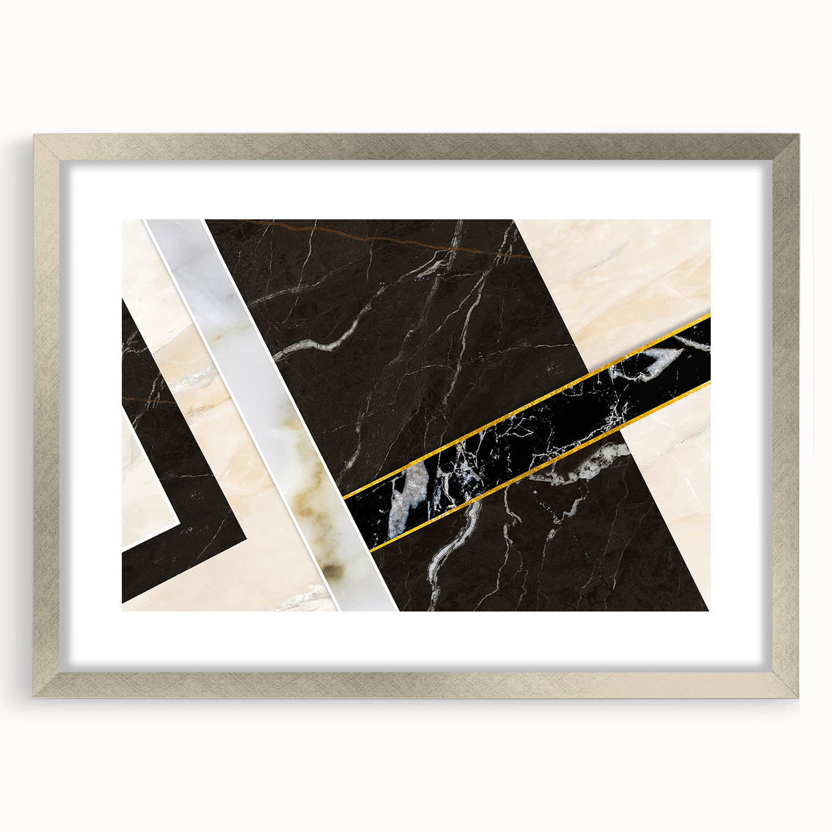 Abstract wall art featuring dynamic strokes and lines in muted tones, framed with a silver mat, adding a modern touch to any decor. Perfect for enhancing living spaces.