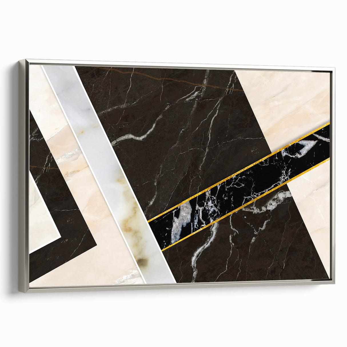 Framed canvas wall art featuring an abstract design of strokes and lines in silver tones, showcasing a modern aesthetic. Ideal for contemporary home decor.